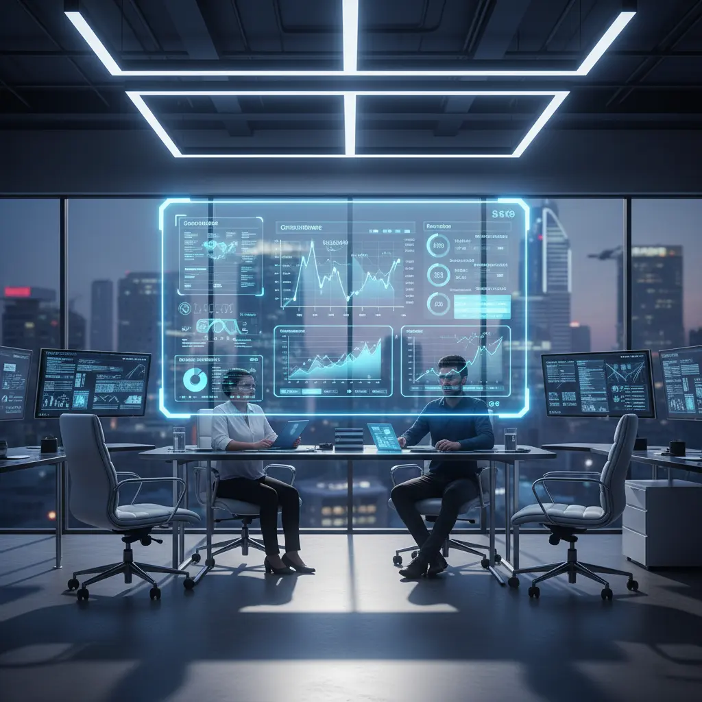 Futuristic digital marketing agency workspace in 2026 with holographic social media analytics screens, Stellor IT Services Noida.