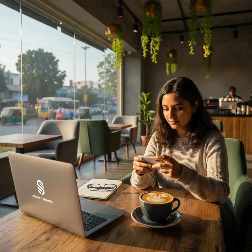 Small business owner in Noida Extension using social media marketing for local SEO and brand awareness, Stellor IT client example.