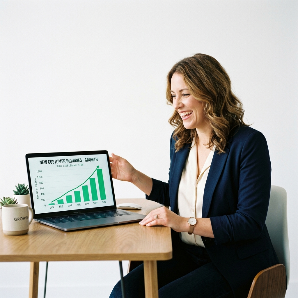 A happy business owner fixing their strategy after not getting leads online.