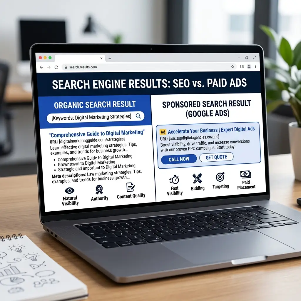 A side-by-side comparison of SEO vs Google Ads on a search engine results page.